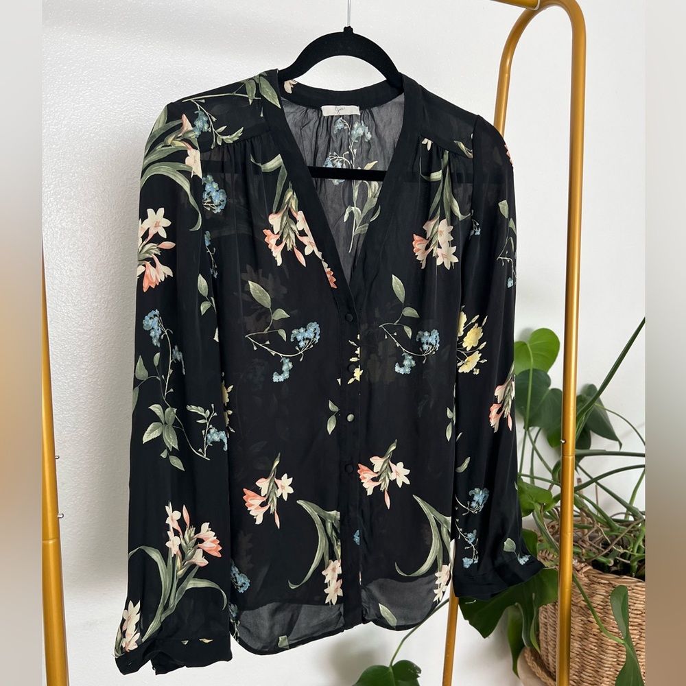 Joie Women's Button Front Blouse Black Multi-Color Floral 100% Silk Size Small